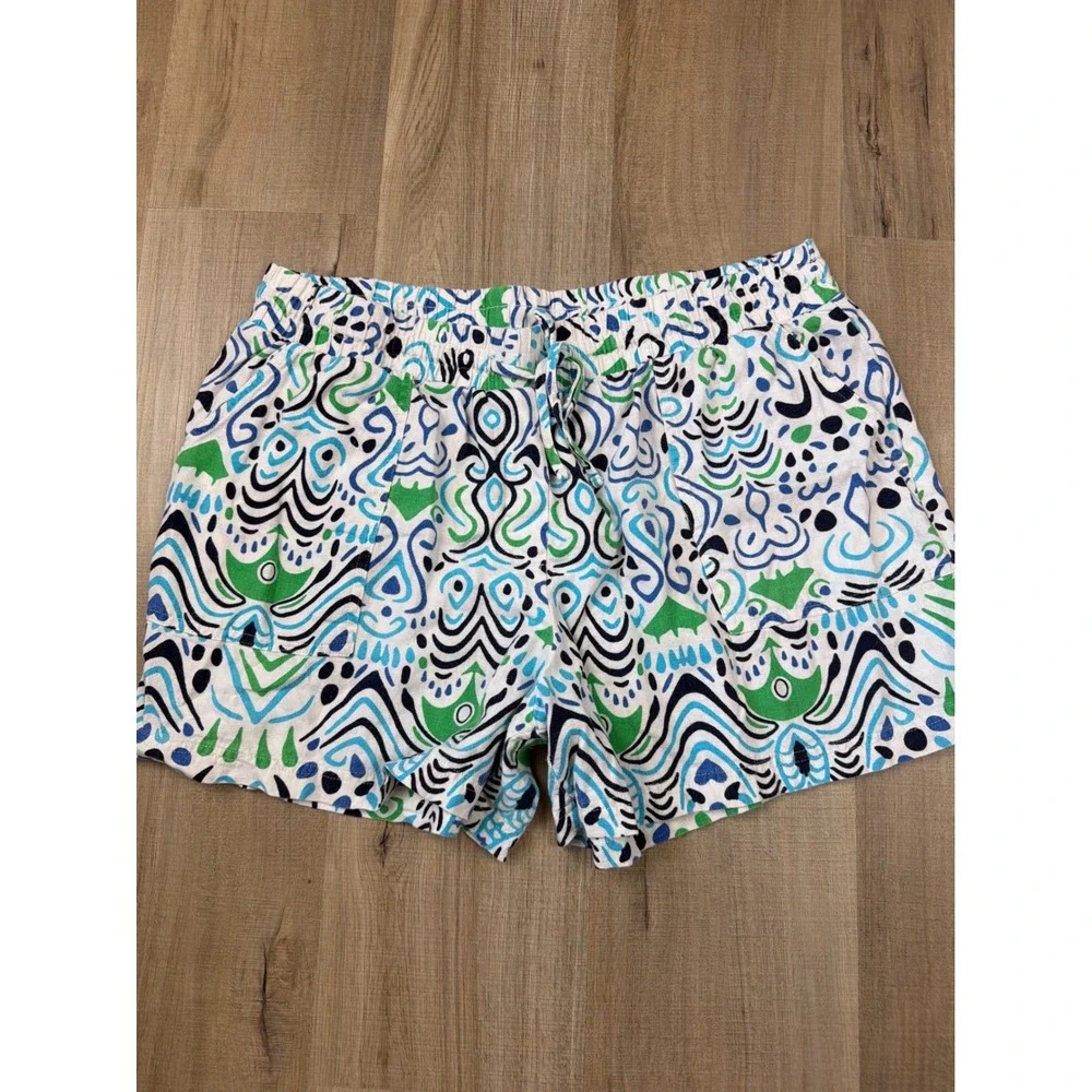 Calligraphie Womens Blue Green Abstract Linen‎ Blend Pull On Shorts Large